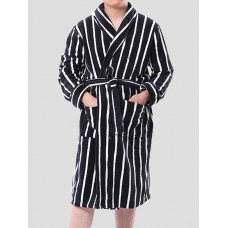 Mens Basic Striped Print Flannel Winter Thick Mid  Length Home Lounge Robes