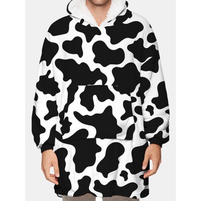 Mens Cow Pattern Print Flannel Two  Sided Oversized Blanket Hoodie With Pouch Pocket