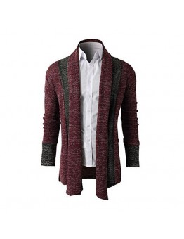 Mens Fashion Stitching Turn  down Collar Knitted Cardigans Casual Slim Fit Sweater