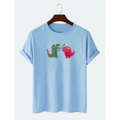 Mens Funny Cartoon Dinosaur Print 100  Cotton Casual T  Shirt