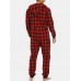 Mens Plaid Zipper Front Kangaroo Pocket Hooded One Piece Jumpsuit Home Warm Sleepwear