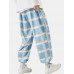 Mens Plaid Relaxed Fit Drawstring Cuff Pants With Pocket