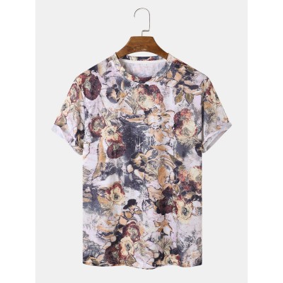 Mens All Over Floral Plants Print Holiday Short Sleeve T  Shirts