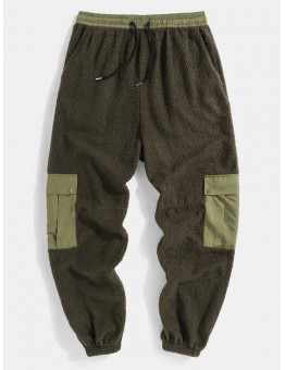 Mens Plush Thick Multi  Pocket Casual Drawstring Waist Jogger Pants